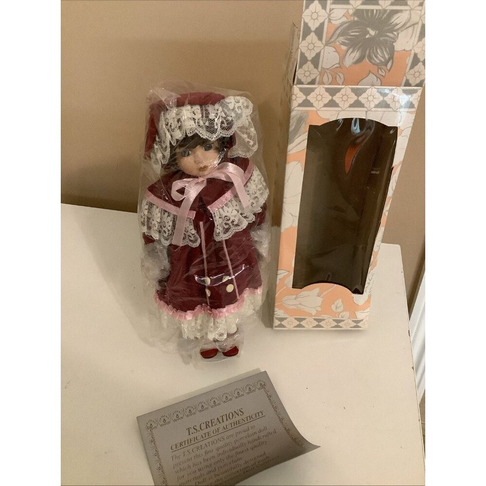 Porcelain Doll 16” In Limited Edition Brown Hair Blue Eyes Red Bow Vtg.